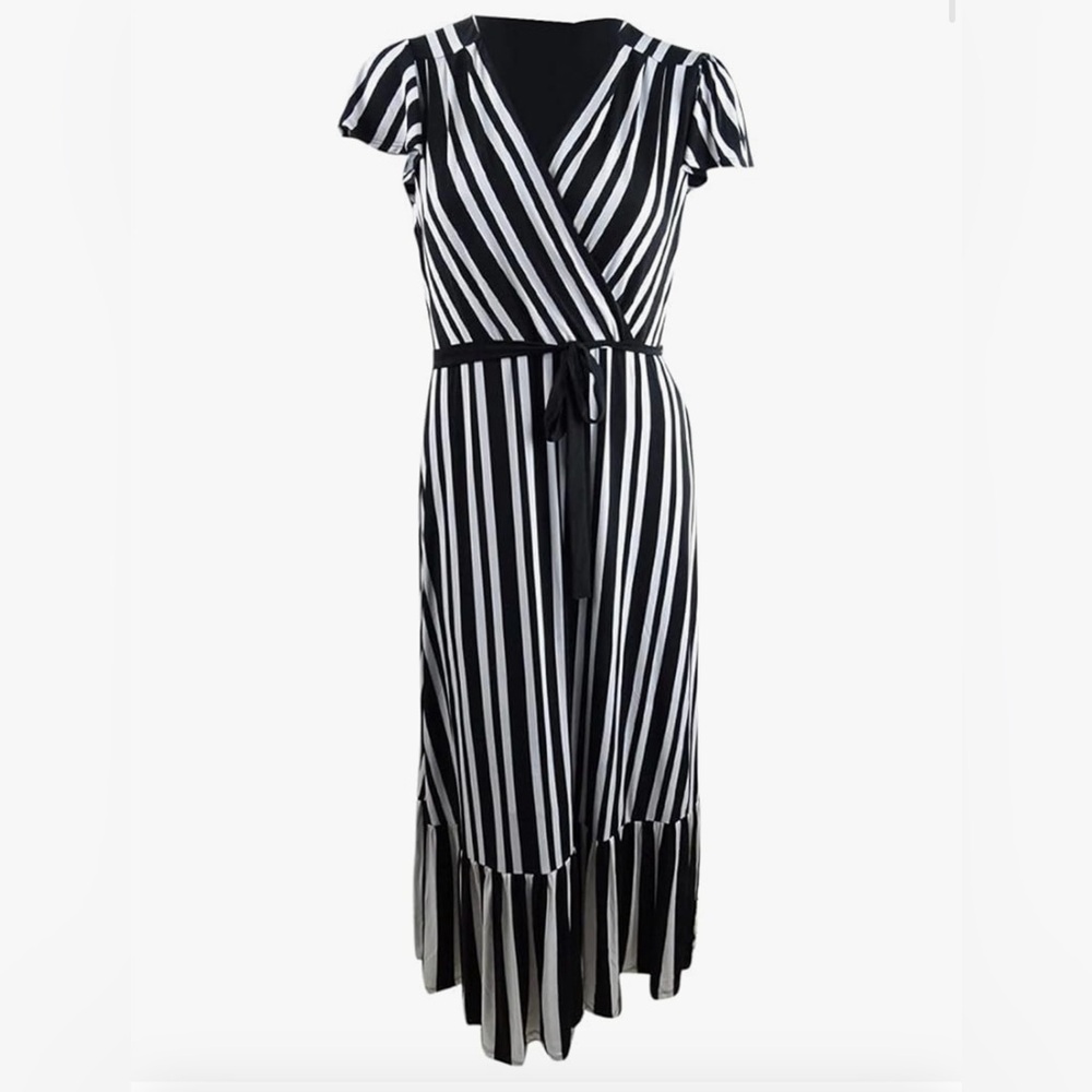 I.N.C. Black and White Striped Maxi Wrap Dress, Sz Small